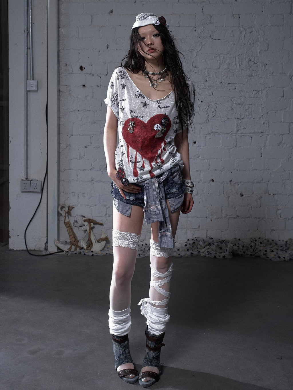 NO ROMANCE Lightweight Cotton Street Punk Slim Women Heart Print Short Sleeve T-Shirts