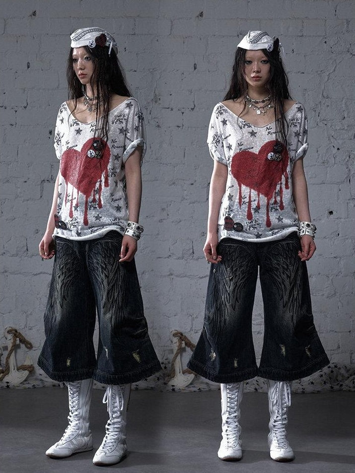NO ROMANCE Lightweight Cotton Street Punk Slim Women Heart Print Short Sleeve T-Shirts