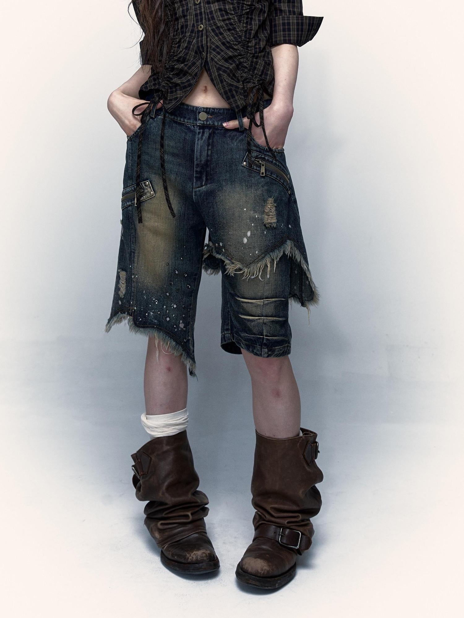 NO ROMANCE Lightweight Distressed Low Rise Relaxed Straight Women Casual Denim Shorts
