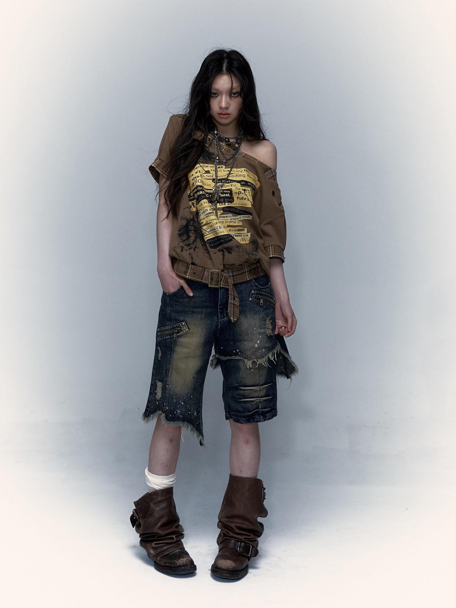 NO ROMANCE Lightweight Distressed Low Rise Relaxed Straight Women Casual Denim Shorts