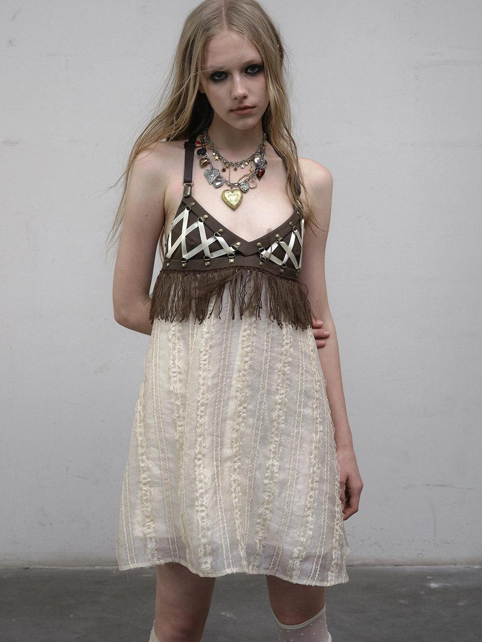NO ROMANCE Lightweight Khaki Vintage Natural Waist Spaghetti Strap Travel Slip Midi Dresses