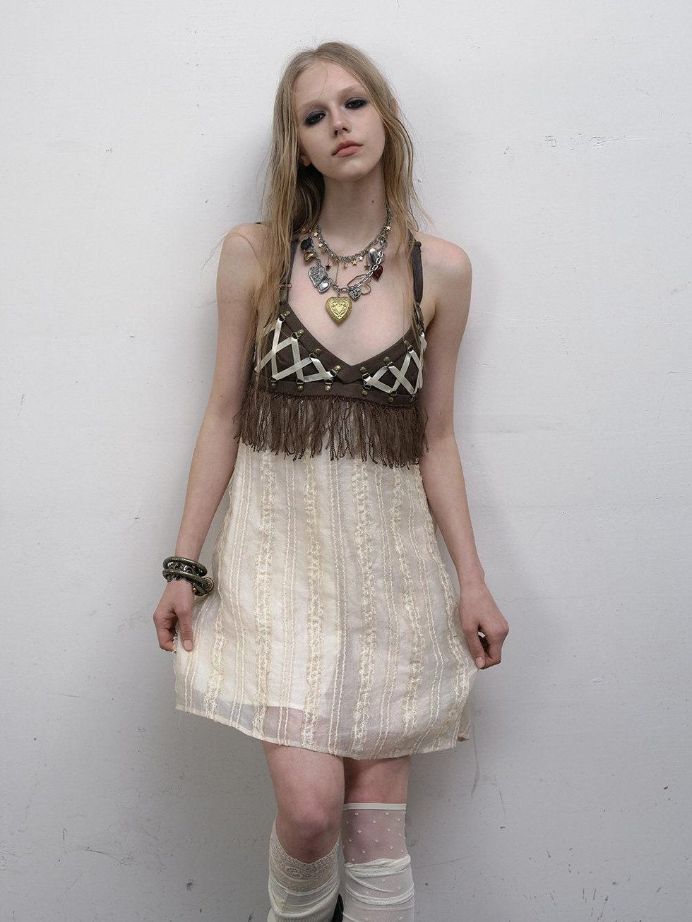 NO ROMANCE Lightweight Khaki Vintage Natural Waist Spaghetti Strap Travel Slip Midi Dresses