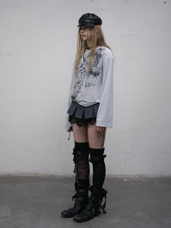 NO ROMANCE Lightweight Punk Loose Slanted Neck Printed Beige Gray Long Sleeve T-Shirts