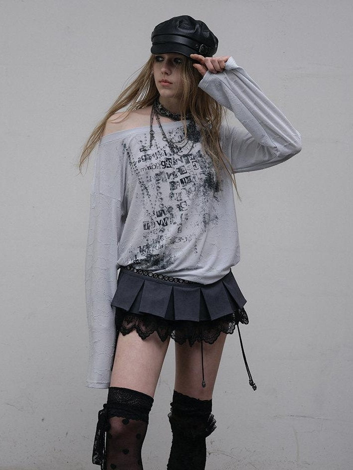 NO ROMANCE Lightweight Punk Loose Slanted Neck Printed Beige Gray Long Sleeve T-Shirts