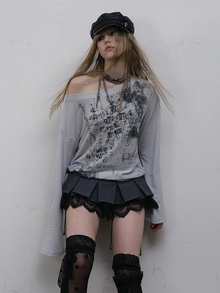 NO ROMANCE Lightweight Punk Loose Slanted Neck Printed Beige Gray Long Sleeve T-Shirts
