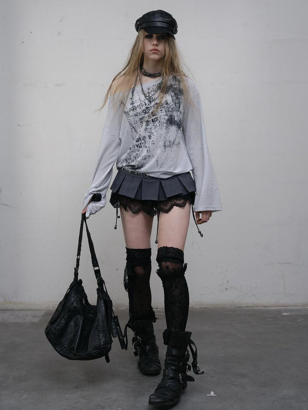 NO ROMANCE Lightweight Punk Loose Slanted Neck Printed Beige Gray Long Sleeve T-Shirts