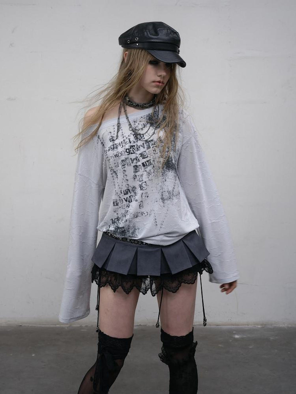 NO ROMANCE Lightweight Punk Loose Slanted Neck Printed Beige Gray Long Sleeve T-Shirts