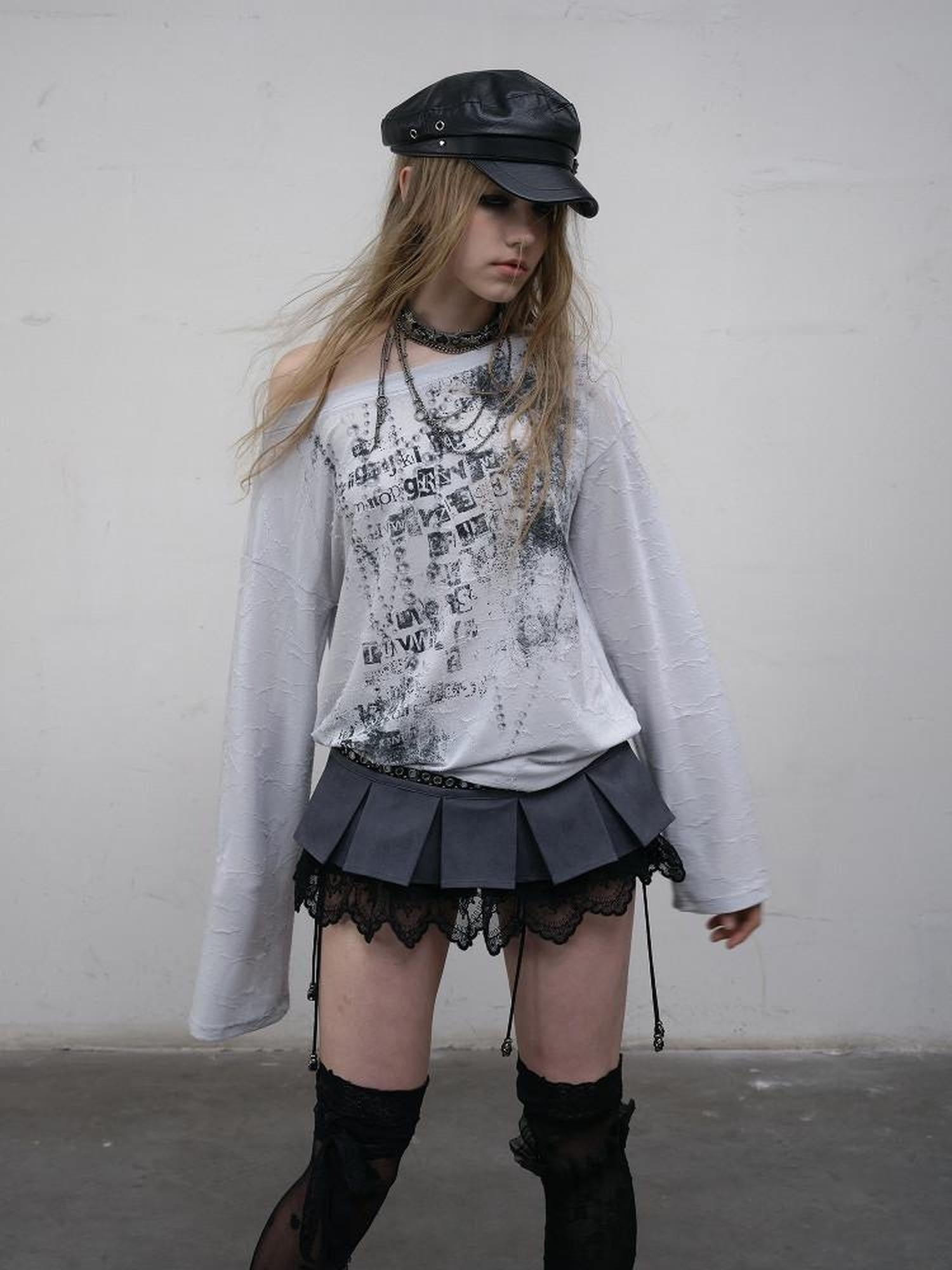NO ROMANCE Lightweight Punk Loose Slanted Neck Printed Beige Gray Long Sleeve T-Shirts