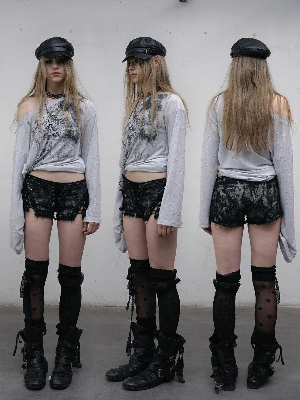 NO ROMANCE Lightweight Punk Loose Slanted Neck Printed Beige Gray Long Sleeve T-Shirts