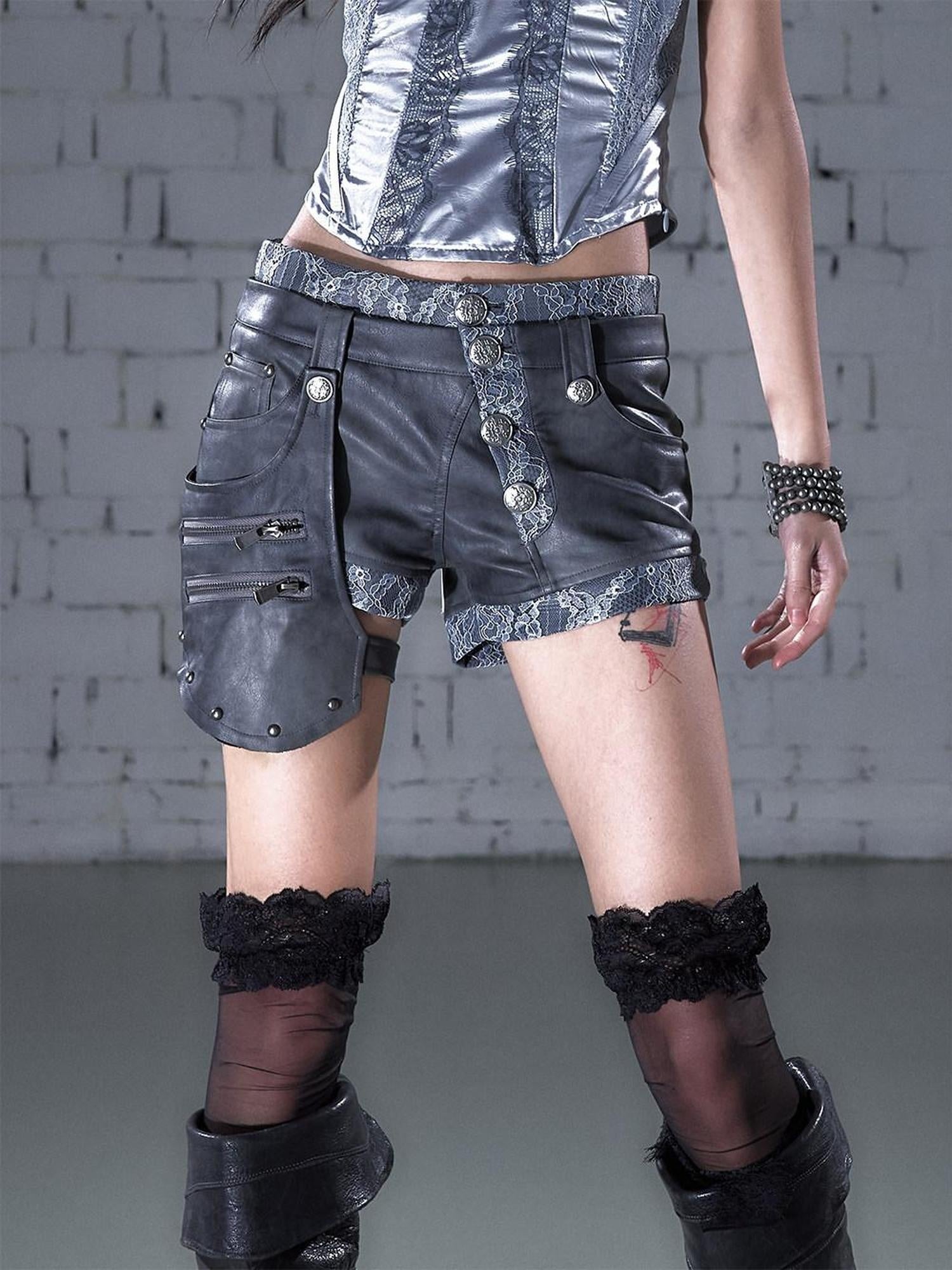 NO ROMANCE Low Rise Button Fly Vintage Slim Fit Women Ash Blue Black Short Trousers