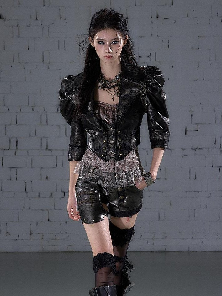 NO ROMANCE Low Rise Button Fly Vintage Slim Fit Women Ash Blue Black Short Trousers