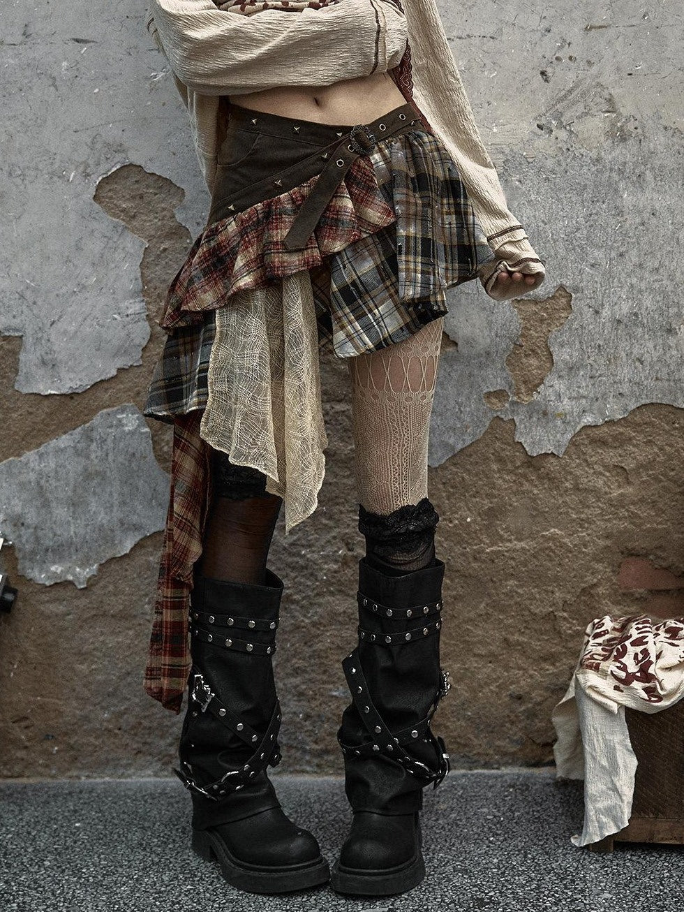 NO ROMANCE Low Waist Cotton Lined Button Stud Plaid Street Girls Mini Skirts