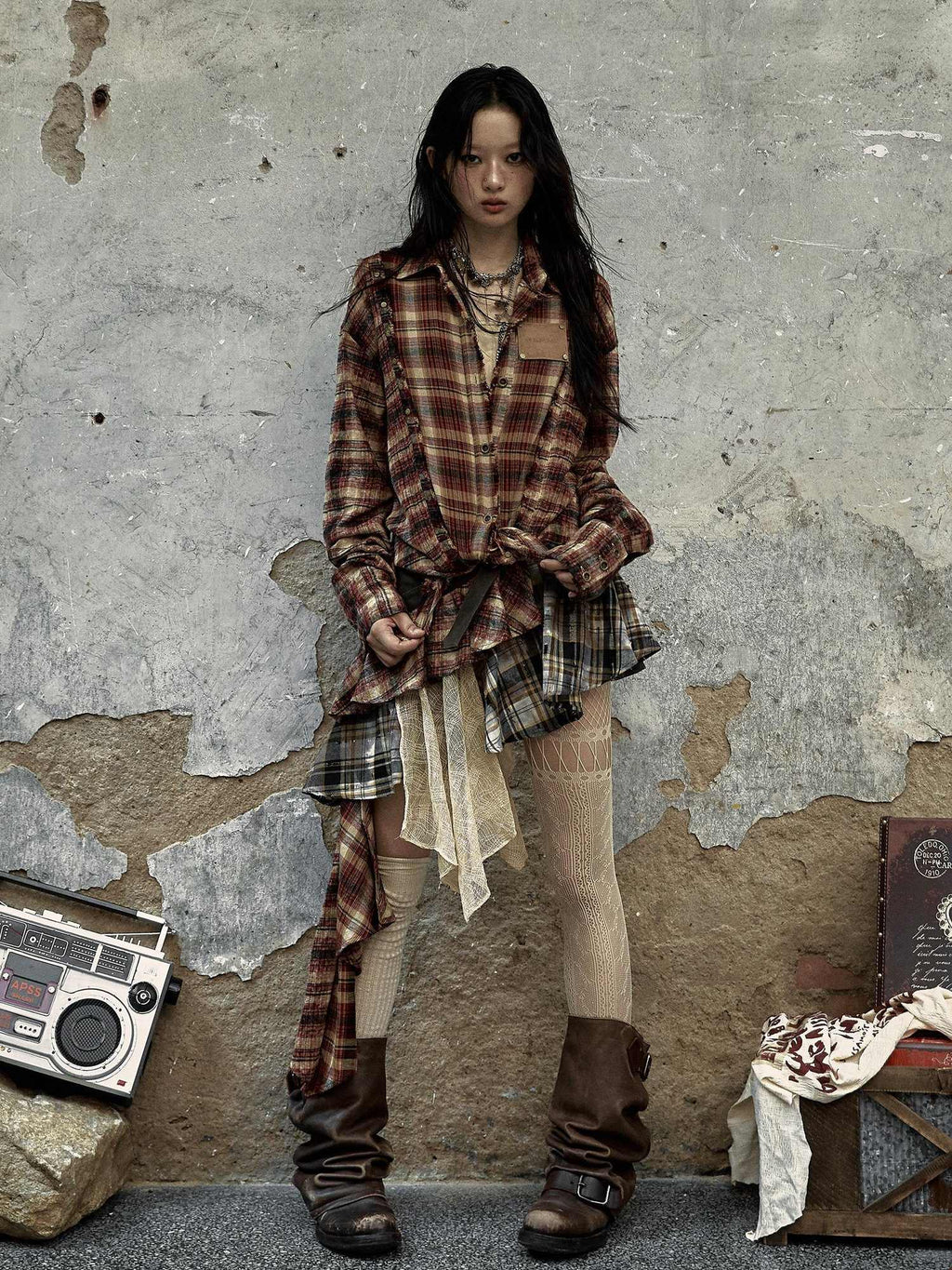 NO ROMANCE Low Waist Cotton Lined Button Stud Plaid Street Girls Mini Skirts