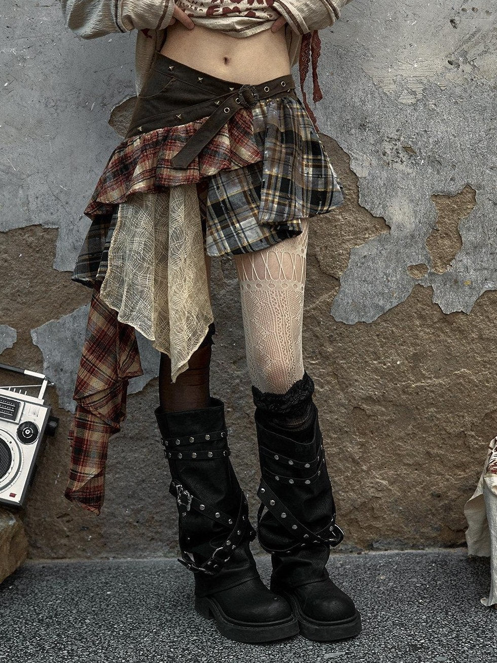 NO ROMANCE Low Waist Cotton Lined Button Stud Plaid Street Girls Mini Skirts