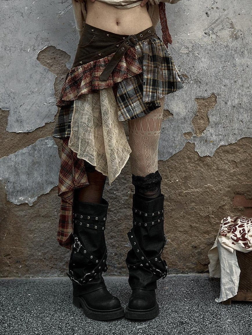 NO ROMANCE Low Waist Cotton Lined Button Stud Plaid Street Girls Mini Skirts