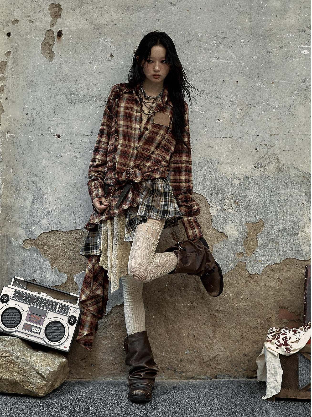 NO ROMANCE Low Waist Cotton Lined Button Stud Plaid Street Girls Mini Skirts