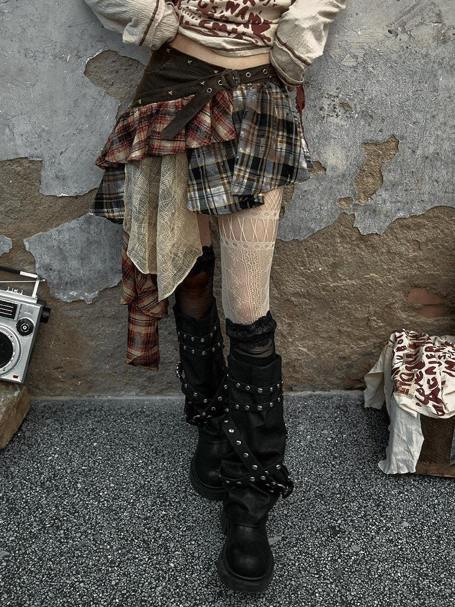 NO ROMANCE Low Waist Cotton Lined Button Stud Plaid Street Girls Mini Skirts
