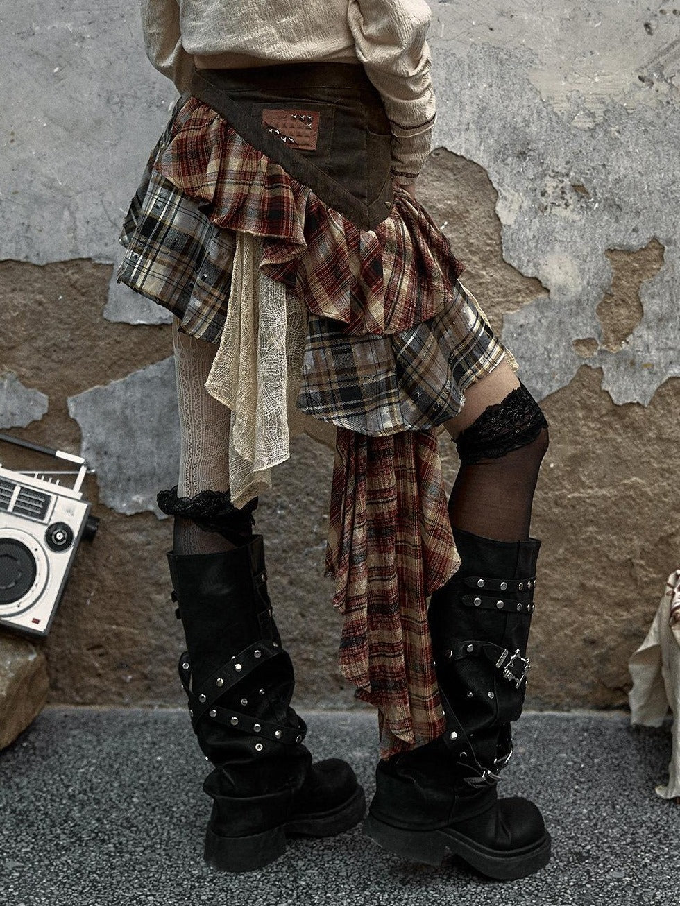 NO ROMANCE Low Waist Cotton Lined Button Stud Plaid Street Girls Mini Skirts