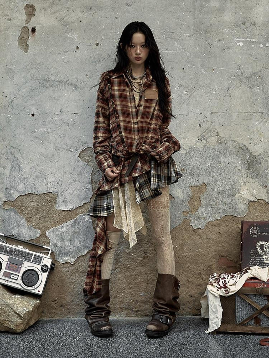 NO ROMANCE Low Waist Cotton Lined Button Stud Plaid Street Girls Mini Skirts