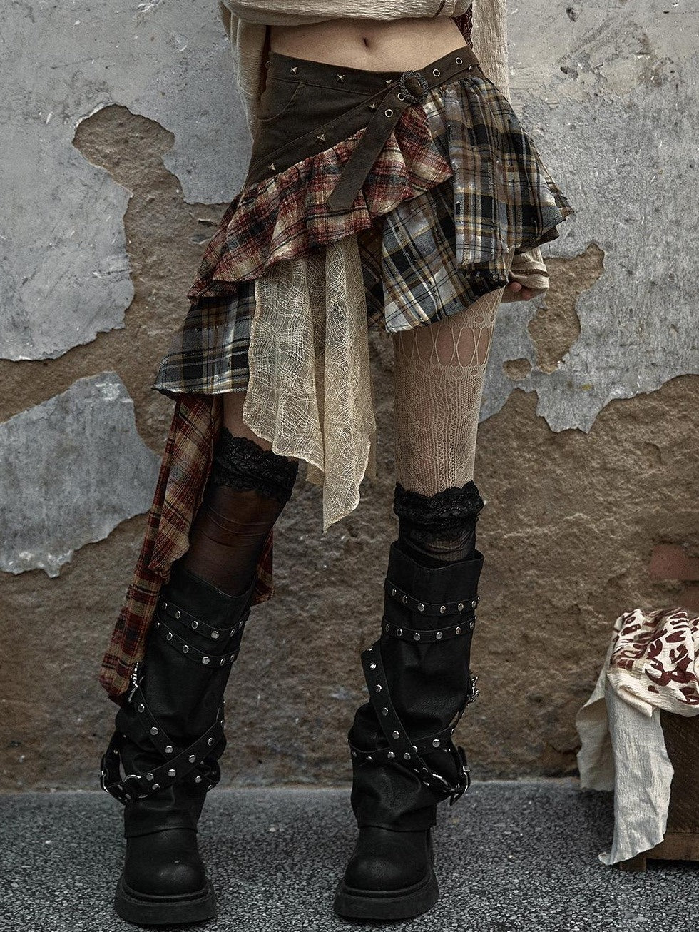 NO ROMANCE Low Waist Cotton Lined Button Stud Plaid Street Girls Mini Skirts