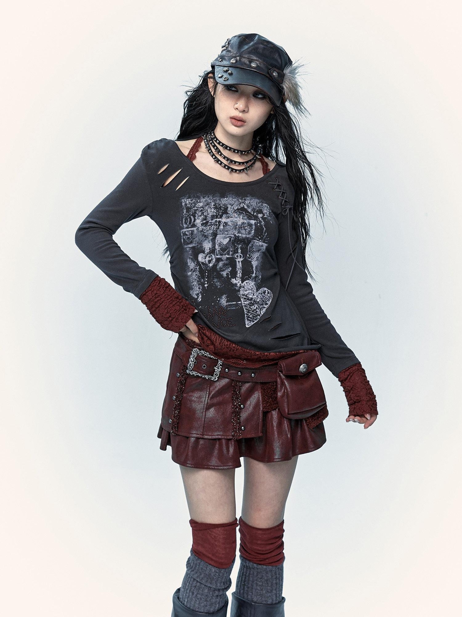 NO ROMANCE Low Waist Vintage A Line Faux Two Piece Patchwork Travel Wine Red Mini Skirts