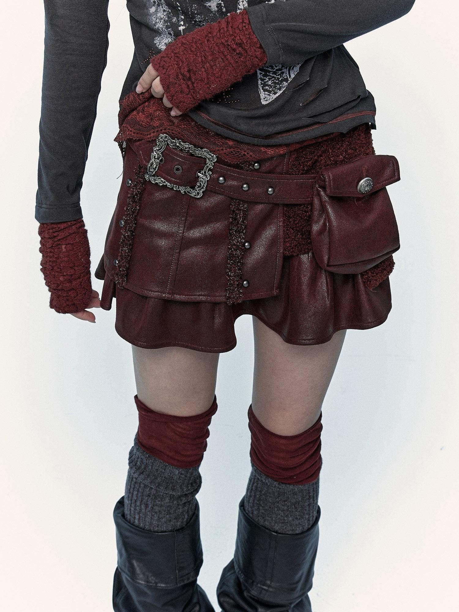 NO ROMANCE Low Waist Vintage A Line Faux Two Piece Patchwork Travel Wine Red Mini Skirts