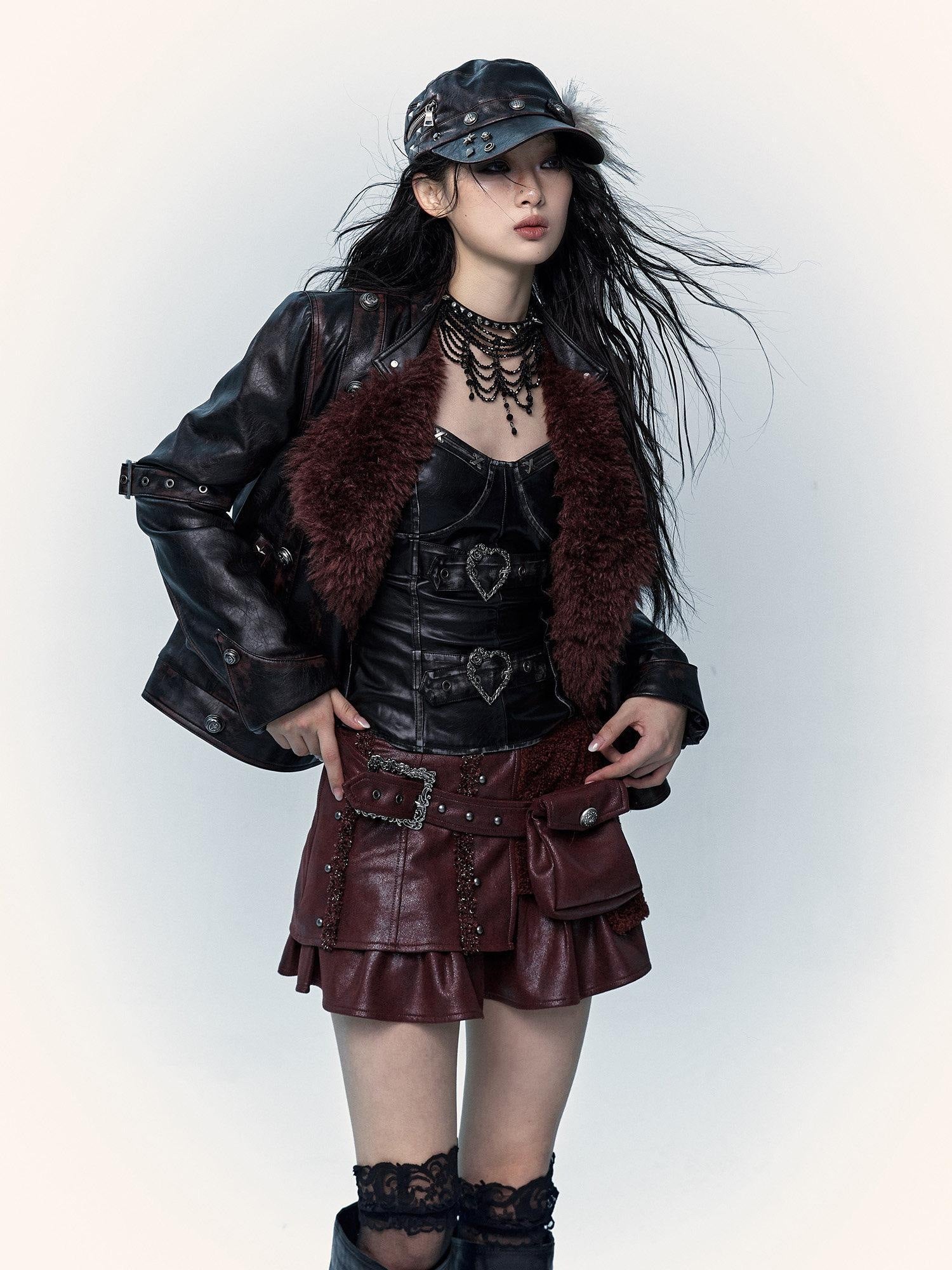 NO ROMANCE Low Waist Vintage A Line Faux Two Piece Patchwork Travel Wine Red Mini Skirts