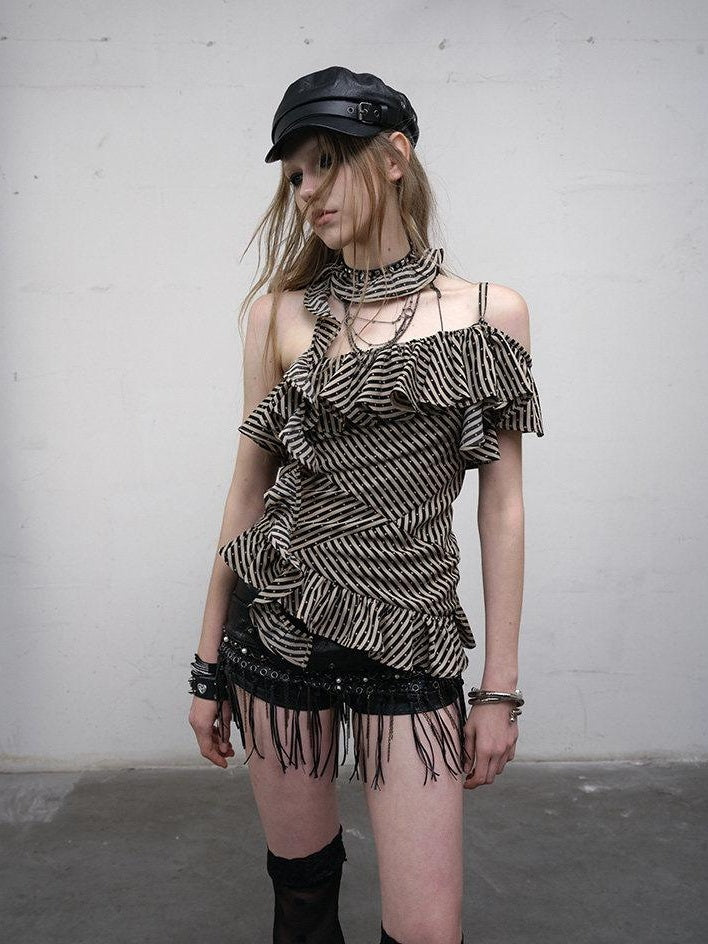 NO ROMANCE Original Slim Fit Striped Khaki Lightweight Unpadded Women Polyester Camisoles