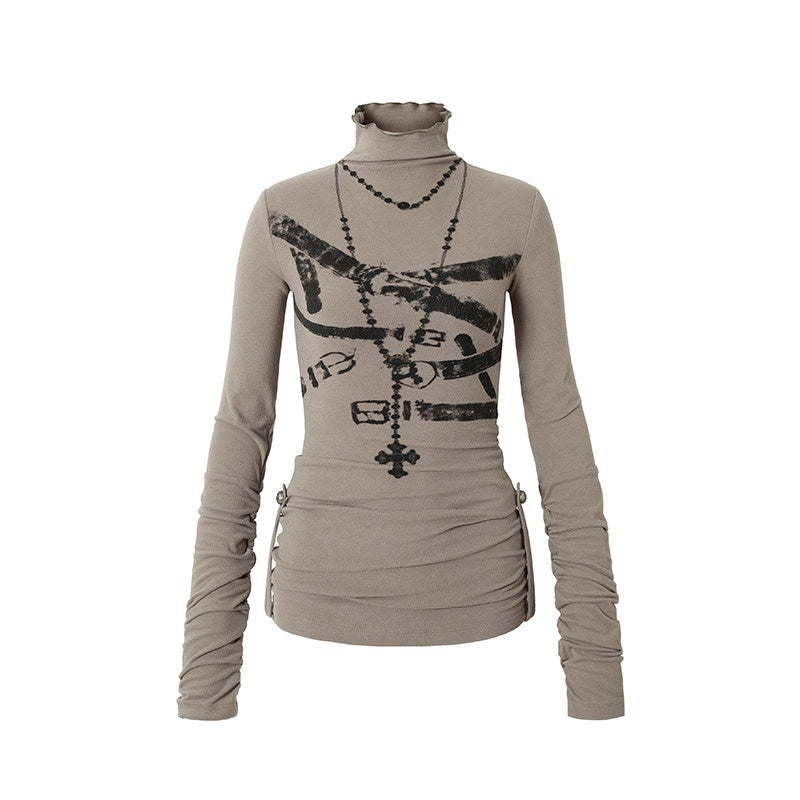 NO_ROMANCE_Punk_Print_High_Neck_Slim_Fit_Women_Khaki_Gray_Cotton_Blend_Long_Sleeve_T-Shirts_MISSTT