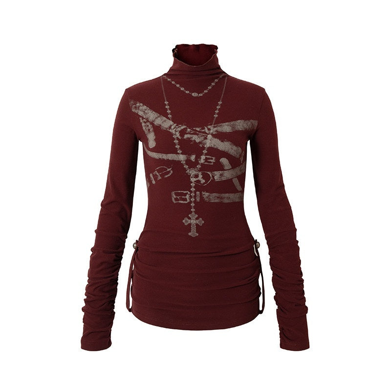 NO_ROMANCE_Punk_Print_High_Neck_Slim_Fit_Women_Khaki_Gray_Cotton_Blend_Long_Sleeve_T-Shirts_MISSTT