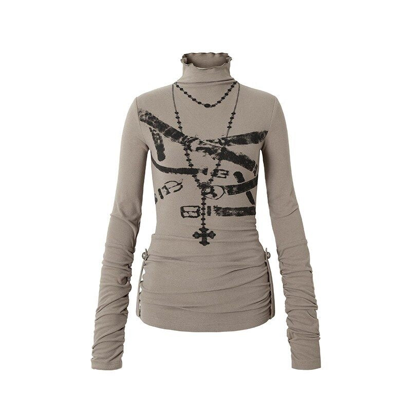 NO_ROMANCE_Punk_Print_High_Neck_Slim_Fit_Women_Khaki_Gray_Cotton_Blend_Long_Sleeve_T-Shirts_MISSTT