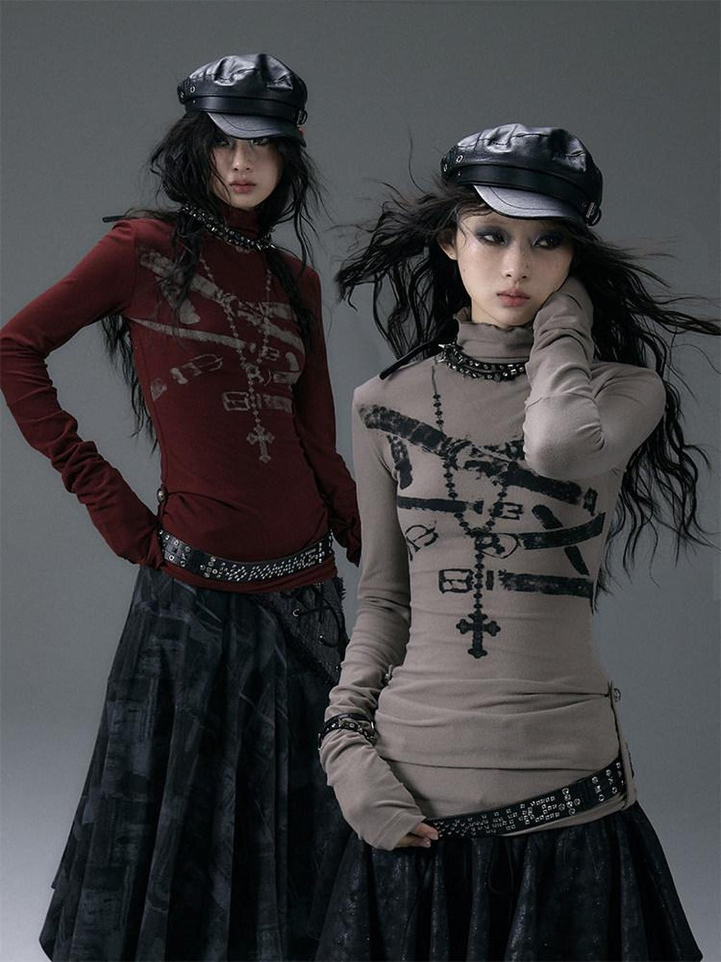 NO ROMANCE Punk Print High Neck Slim Fit Women Khaki Gray Cotton Blend Long Sleeve T-Shirts