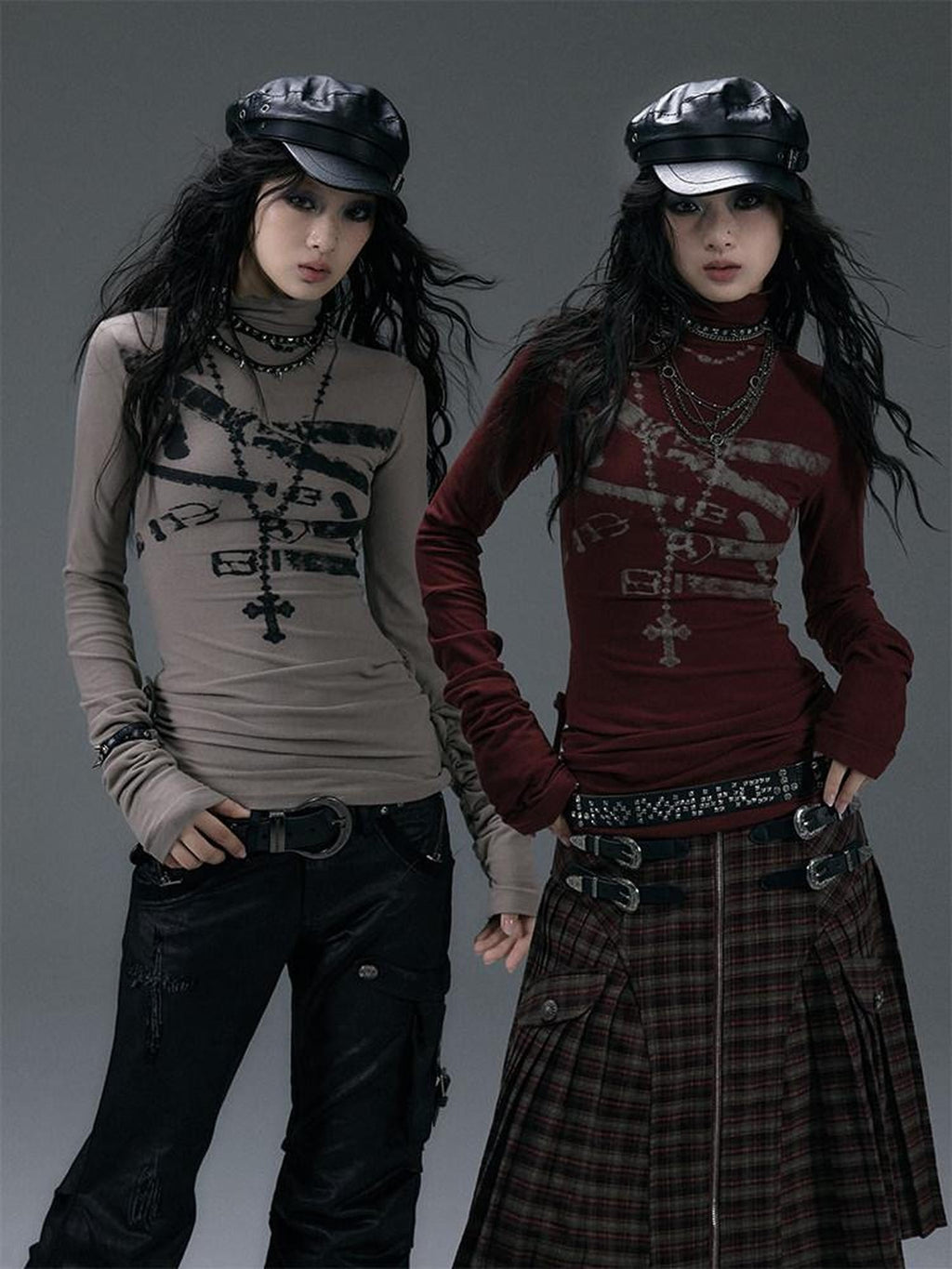 NO ROMANCE Punk Print High Neck Slim Fit Women Khaki Gray Cotton Blend Long Sleeve T-Shirts