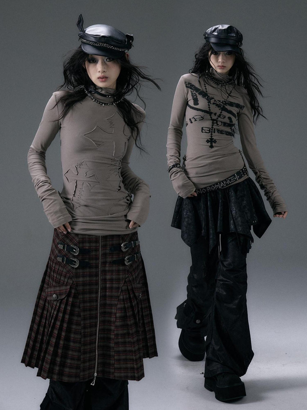 NO ROMANCE Punk Print High Neck Slim Fit Women Khaki Gray Cotton Blend Long Sleeve T-Shirts