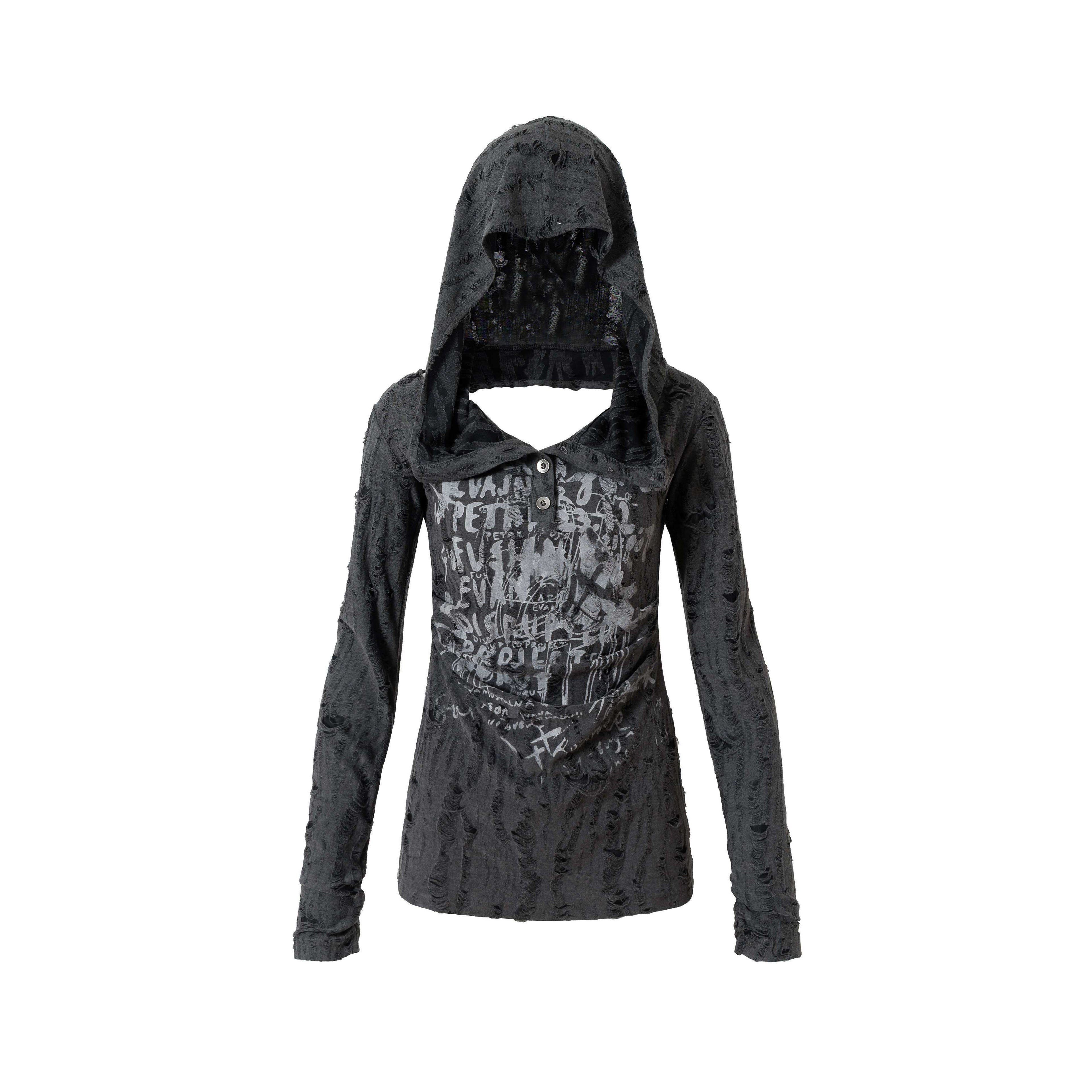NO_ROMANCE_Punk_Printed_Slim_Fit_Hooded_For_Women_Dark_Gray_Long_Sleeve_T-Shirts_MISSTT