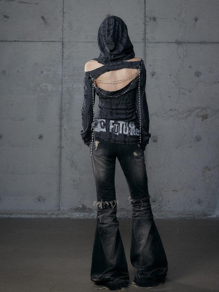 NO ROMANCE Punk Printed Slim Fit Hooded For Women Dark Gray Long Sleeve T-Shirts
