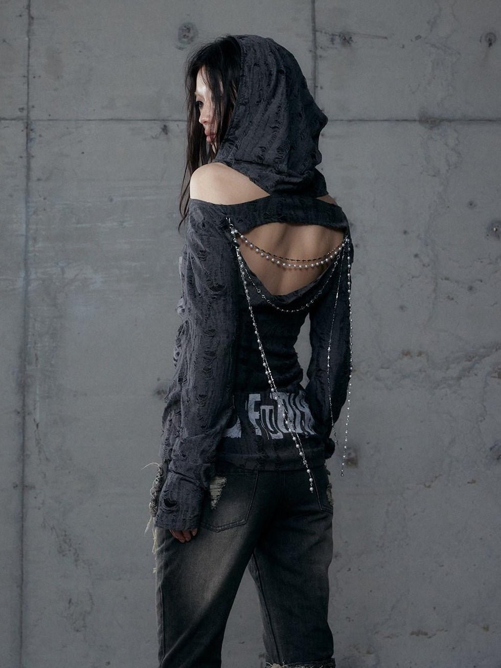 NO ROMANCE Punk Printed Slim Fit Hooded For Women Dark Gray Long Sleeve T-Shirts