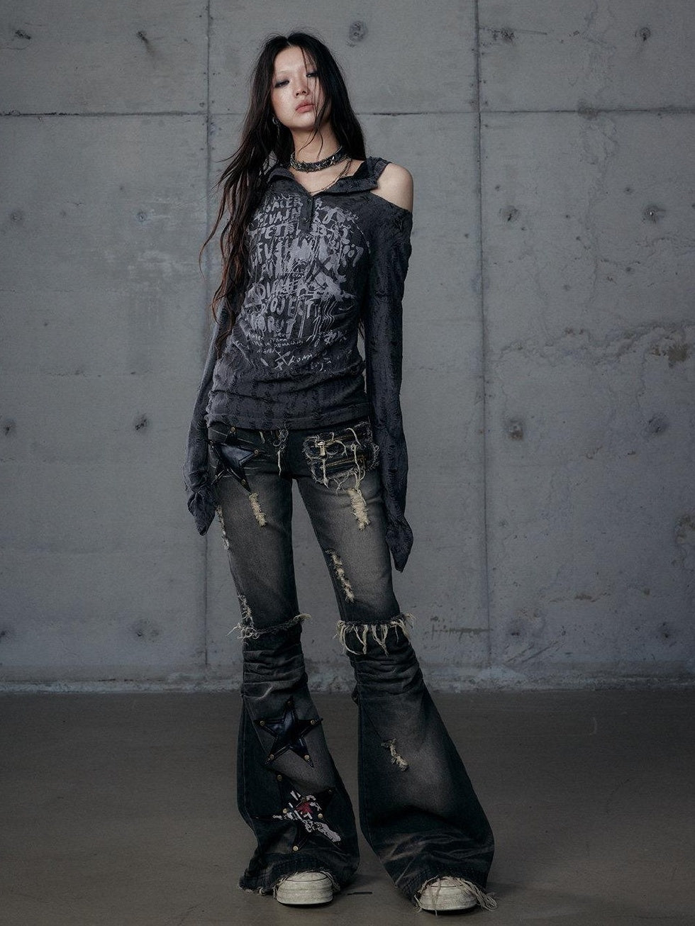 NO ROMANCE Punk Printed Slim Fit Hooded For Women Dark Gray Long Sleeve T-Shirts