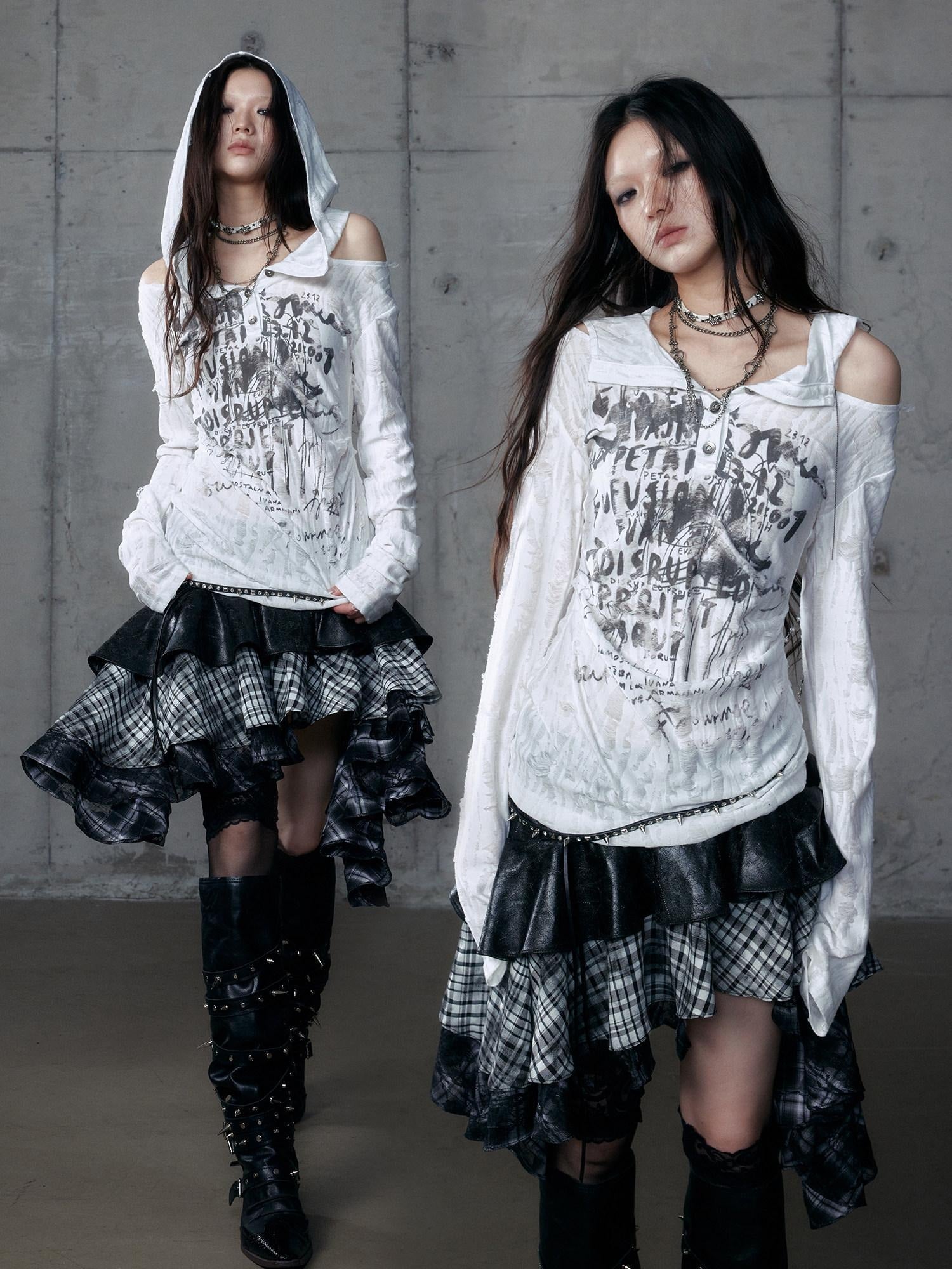 NO ROMANCE Punk Printed Slim Fit Hooded For Women Dark Gray Long Sleeve T-Shirts
