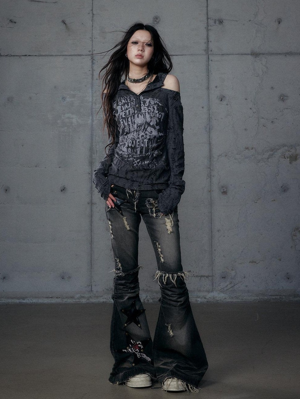 NO ROMANCE Punk Printed Slim Fit Hooded For Women Dark Gray Long Sleeve T-Shirts