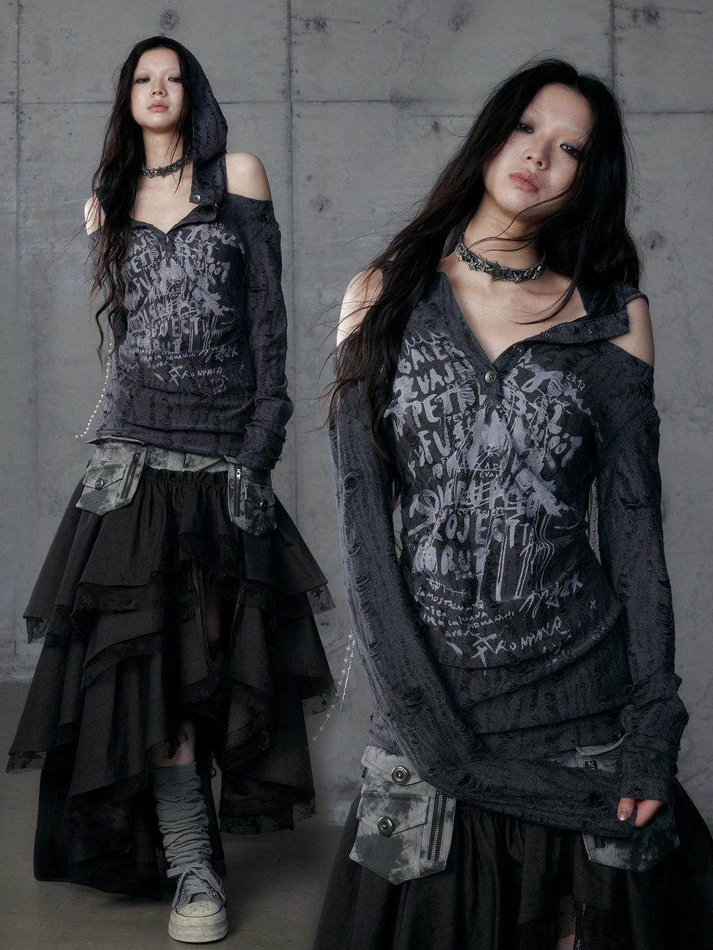 NO ROMANCE Punk Printed Slim Fit Hooded For Women Dark Gray Long Sleeve T-Shirts