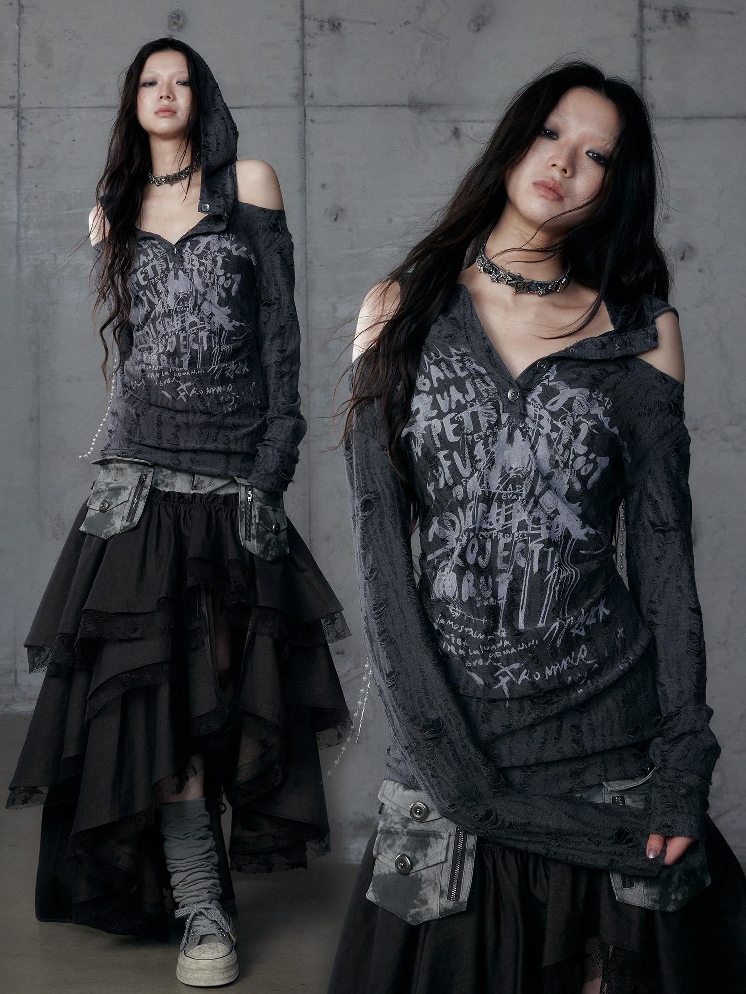 NO ROMANCE Punk Printed Slim Fit Hooded For Women Dark Gray Long Sleeve T-Shirts
