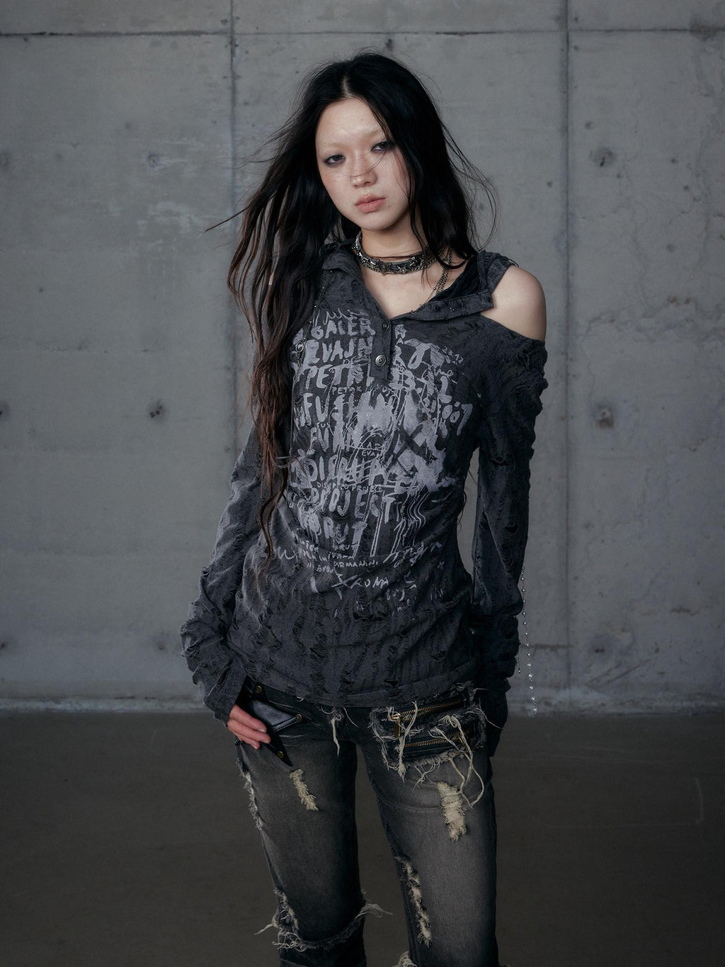 NO ROMANCE Punk Printed Slim Fit Hooded For Women Dark Gray Long Sleeve T-Shirts