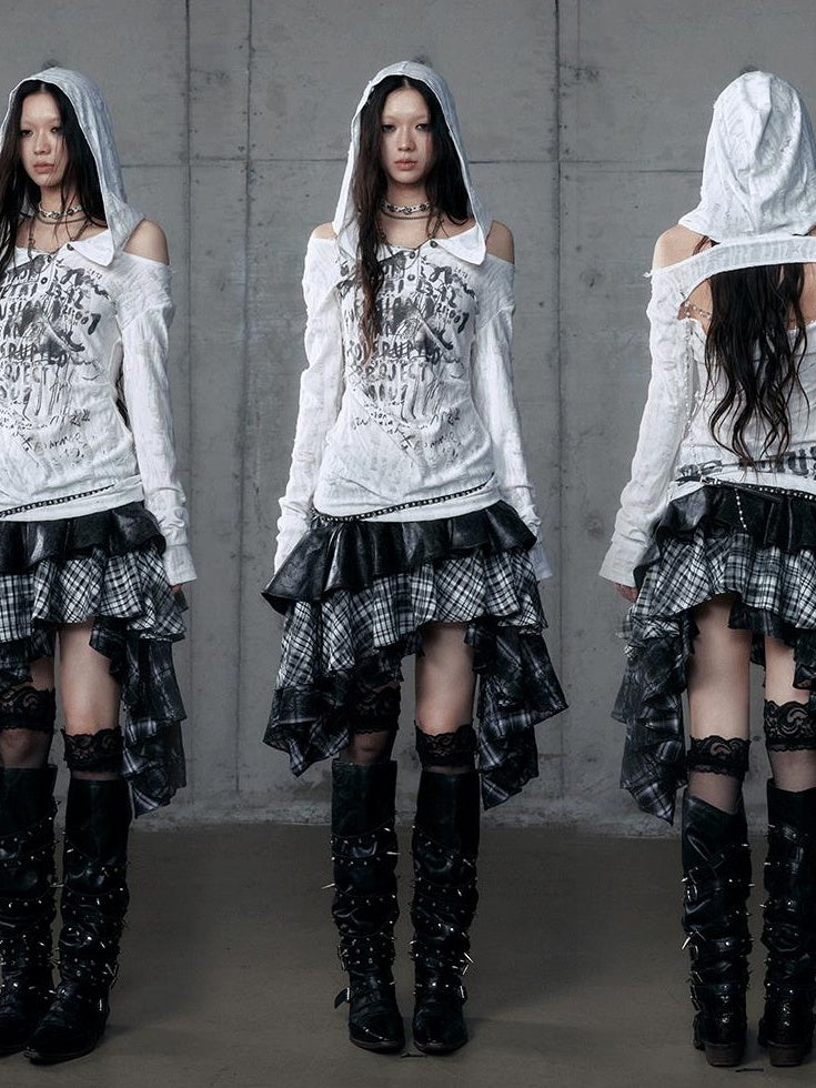 NO ROMANCE Punk Printed Slim Fit Hooded For Women Dark Gray Long Sleeve T-Shirts