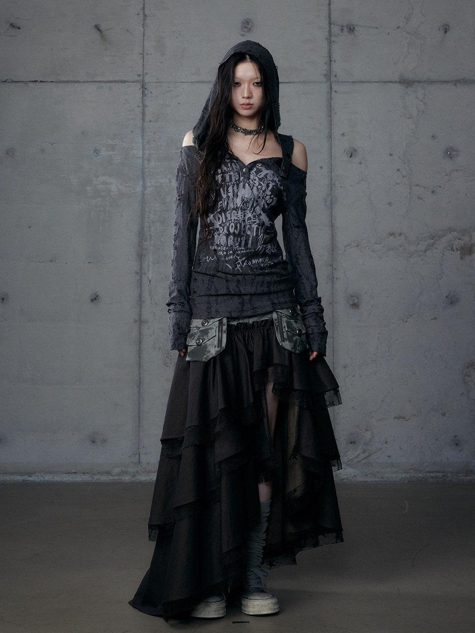 NO ROMANCE Punk Printed Slim Fit Hooded For Women Dark Gray Long Sleeve T-Shirts