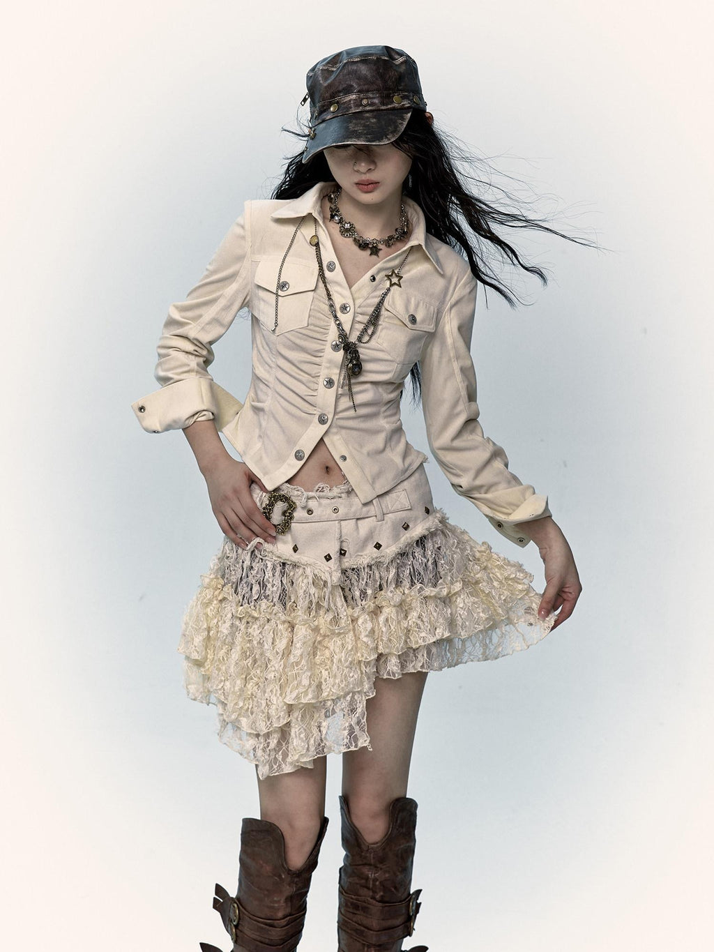 NO ROMANCE Pure Cotton Japanese Asymmetric Low Waist Lace Travel Youth Off White Mini Skirts