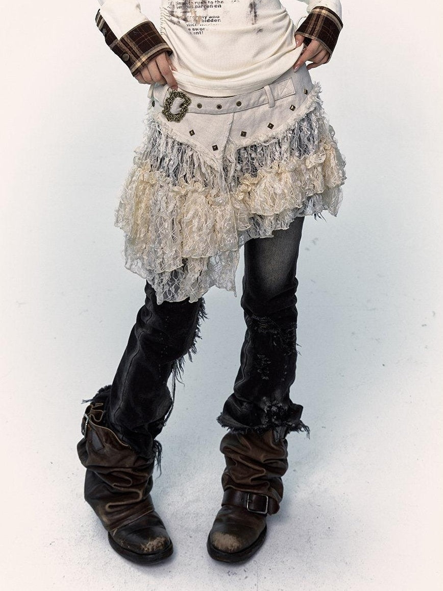 NO ROMANCE Pure Cotton Japanese Asymmetric Low Waist Lace Travel Youth Off White Mini Skirts