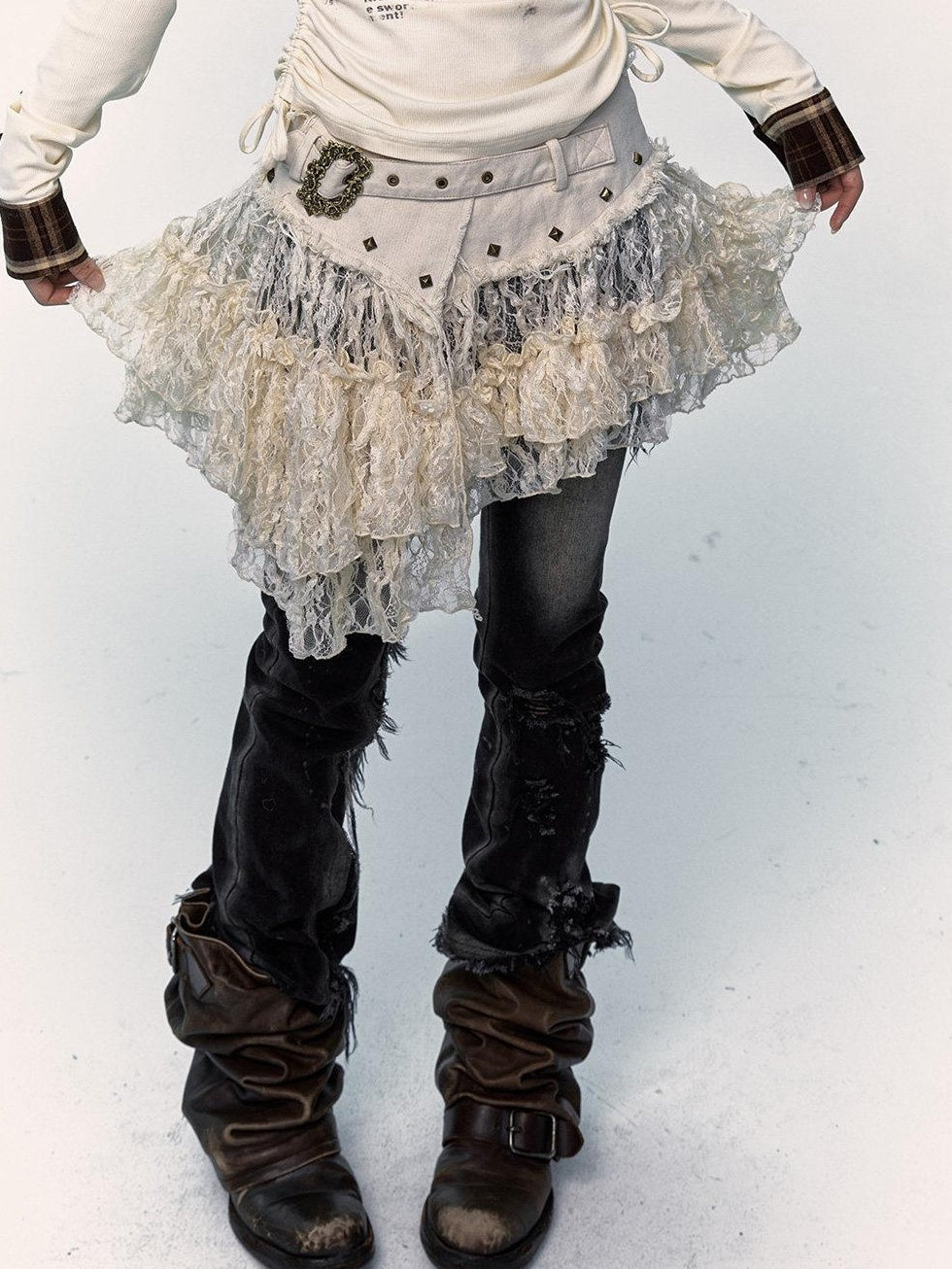 NO ROMANCE Pure Cotton Japanese Asymmetric Low Waist Lace Travel Youth Off White Mini Skirts