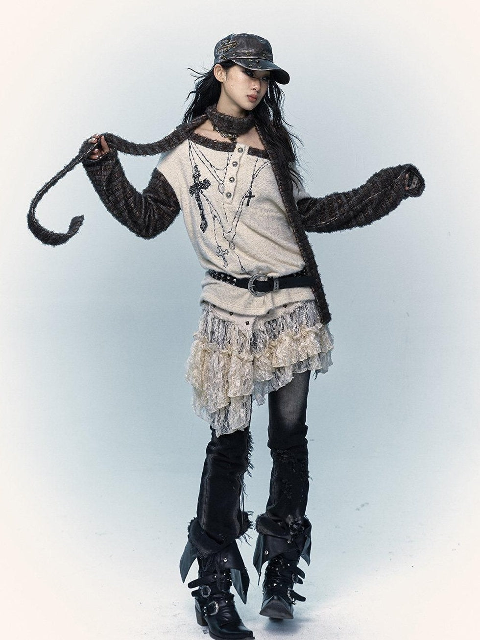 NO ROMANCE Pure Cotton Japanese Asymmetric Low Waist Lace Travel Youth Off White Mini Skirts