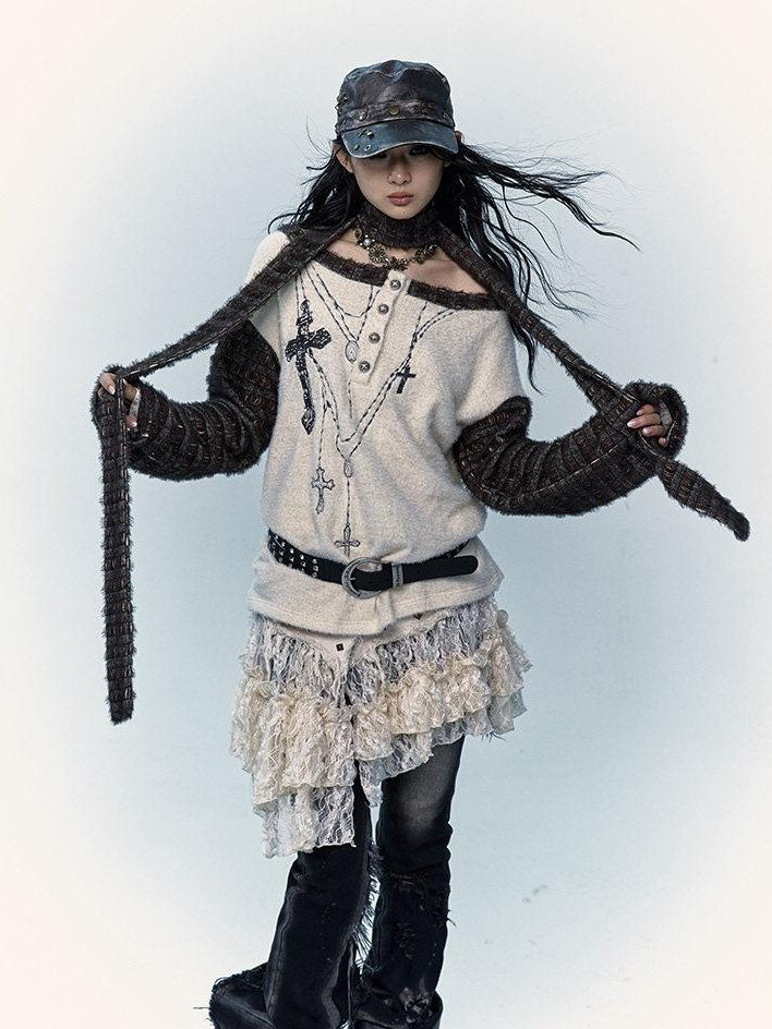 NO ROMANCE Pure Cotton Japanese Asymmetric Low Waist Lace Travel Youth Off White Mini Skirts